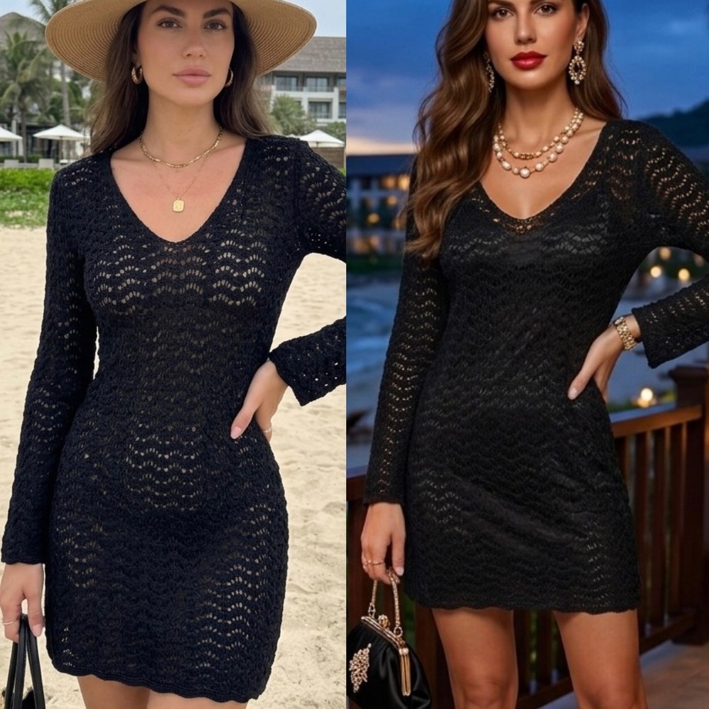 Lisa Black Crochet Mini Dress Beach Resort Cover Up V-Neck Boho Rayon Knit XS